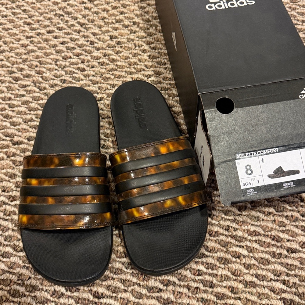 Adidas Tortoise Shell and Black Slide Sandals